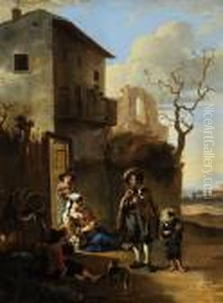 Suonatore Ambulante Nella Campagna Romana Oil Painting by Johannes Lingelbach