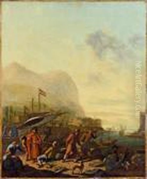 Scene De Port Italien Anime De Personnages Oil Painting by Johannes Lingelbach