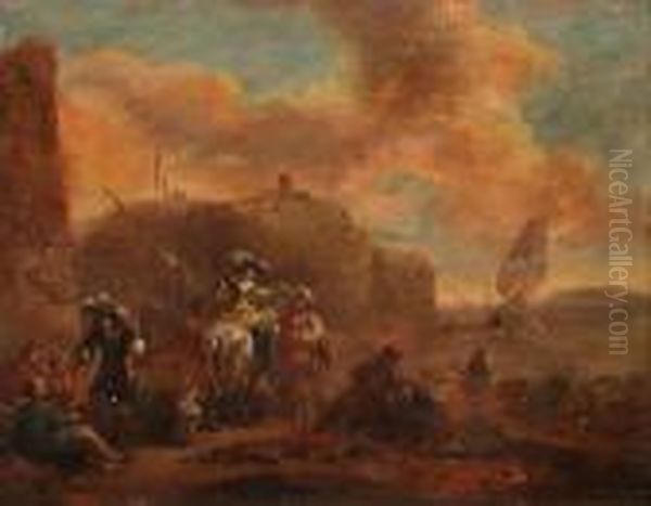 Orientaliska Handelsman Och Elegant Sallskap I En Hamn Oil Painting by Johannes Lingelbach