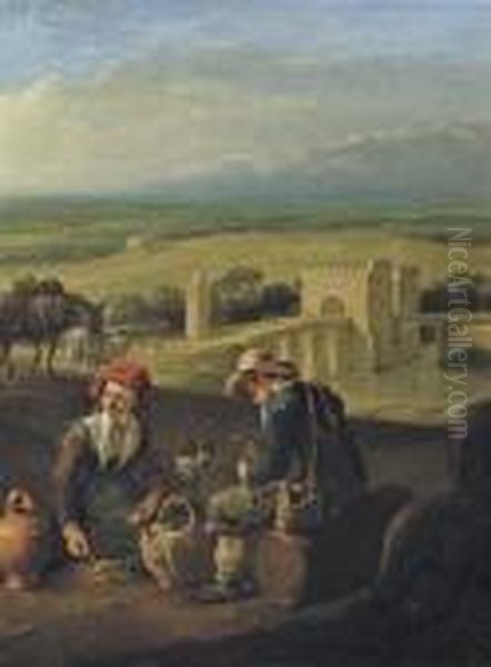 Two Peasants Eating In An Italianate River Landscape, Travellers Ona Bridge Beyond Oil Painting by Johannes Lingelbach