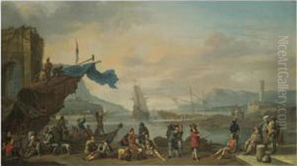 A Mediterranean Harbour Scene With Figures On The Quay Oil Painting by Johannes Lingelbach