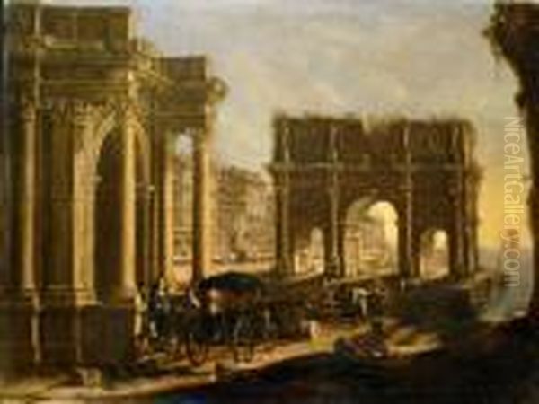 Capriccio Architettonicocostiero
 Con Un Portale Di Ordine Corinzio, L'arco Di Costantino Eun Borgo, E 
Due Personaggi In Costume Galante Presso Un Calesse Conaltri Astanti Oil Painting by Johannes Lingelbach