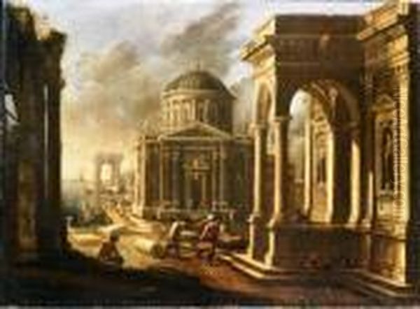 Capriccio Architettonicocostiero
 Con Un Portico Di Ordine Tuscanico, Una Chiesa A Piantacentrale Con 
Cupola E Un Arco In Lontananza, Con Astanti Oil Painting by Johannes Lingelbach