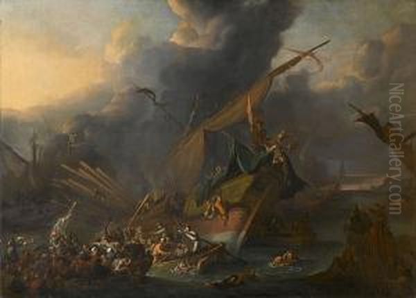 A Naval Battle Between Turks And Christians, Probably Lepanto Oil Painting by Johannes Lingelbach