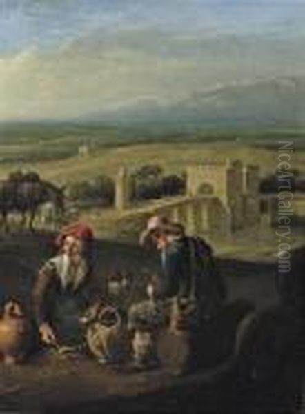 Two Peasants Eating In An Italianate River Landscape, Travellers On A Bridge Beyond Oil Painting by Johannes Lingelbach