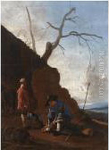 An Italianate Landscape With An 
Old Man Resting On A Tree Trunk On A Path Together With A Young Boy Oil Painting by Johannes Lingelbach