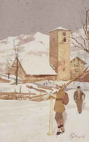 A view of Adelboden, Switzerland Oil Painting by Carlo Pellegrini