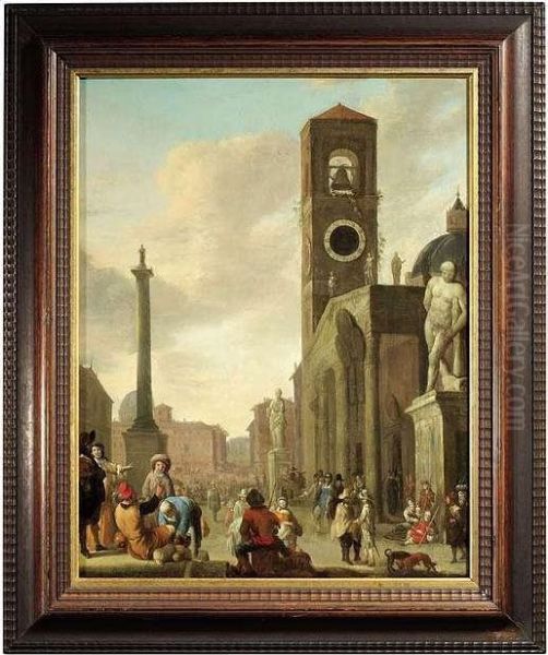 Lingelbach, Johannes. A Roman Market Oil Painting by Johannes Lingelbach