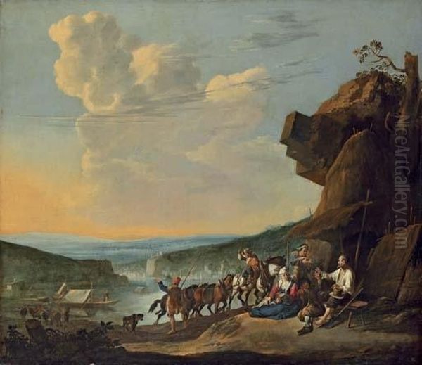 An Extensive River Landscape With Peasants Resting By A Shack And Horses Pulling A Boat Oil Painting by Johannes Lingelbach