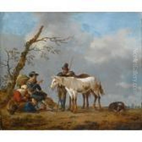 A Family And A Traveller 
Conversing Near A Tree, Together With Their Horses And A Dog In A 
Landscape Oil Painting by Johannes Lingelbach