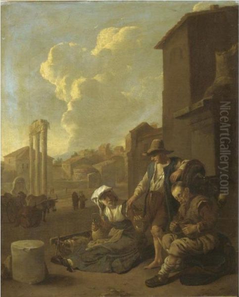 A Roman Street Scene, With A 
Peasant Family Eating And Drinking, The Campo Vaccino Beyond Oil Painting by Johannes Lingelbach