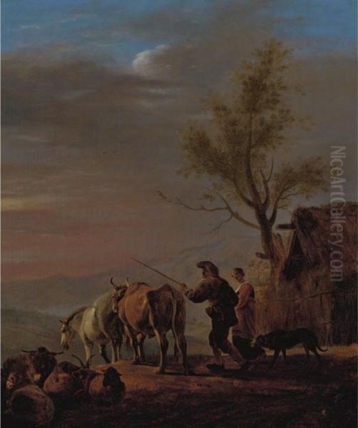 A Sunset Scene With A Drover And His Wife Driving Out Their Animals Oil Painting by Johannes Lingelbach