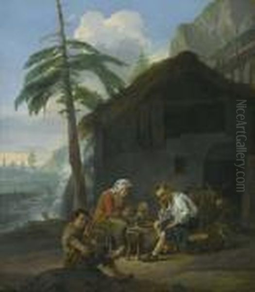 Bauernfamilie Vor Muhle. Oil Painting by Johannes Lingelbach