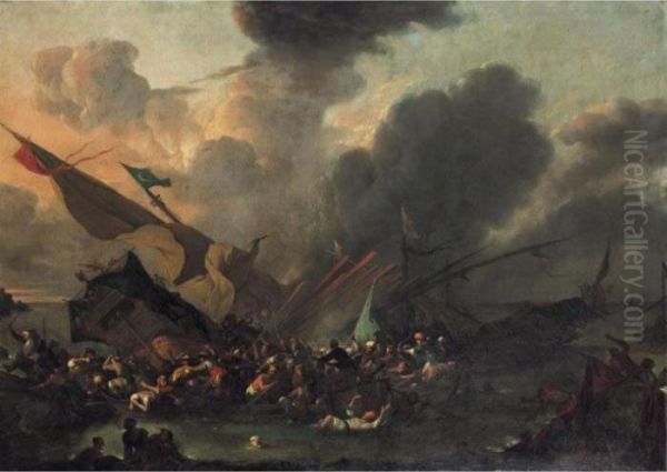 A Naval Battle Between Turks And Christians Oil Painting by Johannes Lingelbach