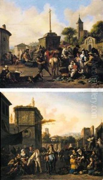 Roman Street Scene With A Vegetable Market (#) Market Stalls Oil Painting by Johannes Lingelbach