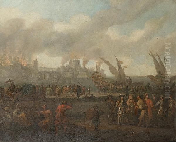 The Siege Of A Mediterranean Harbour Town Oil Painting by Johannes Lingelbach