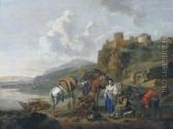 An Italianate River Landscape With Travellers By A Ferry Oil Painting by Johannes Lingelbach