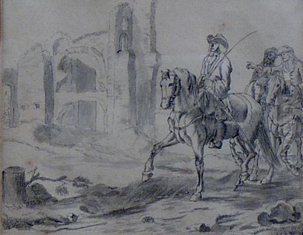 Horsemen In A Landscape, Ruins Beyond Oil Painting by Johannes Lingelbach