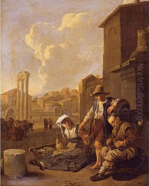 Peasant Family Having Bread And Wine, The Campo Vaccino, Rome, Beyond Oil Painting by Johannes Lingelbach