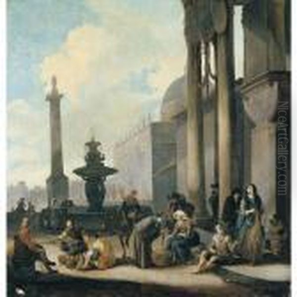 Figures And Tradesmen Near A Fountain In A Roman Square Oil Painting by Johannes Lingelbach