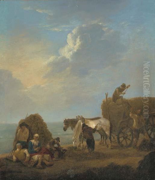 An Extensive Landscape With Haymakers Oil Painting by Johannes Lingelbach