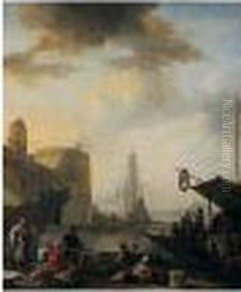 A View Of An Italian Port Oil Painting by Johannes Lingelbach