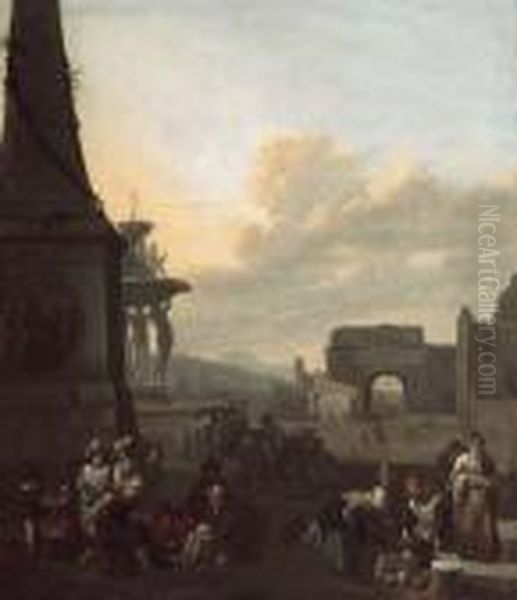 The Piazza Del Popolo, Rome With
 A Shoemaker At Work At The Foot Of The Obelisk And A Vegetable Seller 
Nearby Oil Painting by Johannes Lingelbach