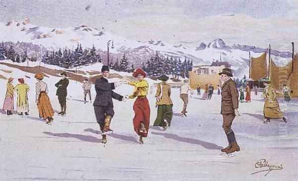 Skaters on the Ice Rink Oil Painting by Carlo Pellegrini