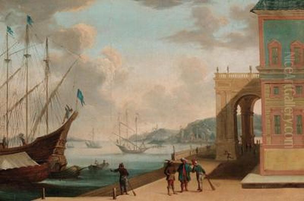 A Capriccio Of A Mediterranean Harbour With Oriental Merchantsconversing On A Quay Oil Painting by Johannes Lingelbach