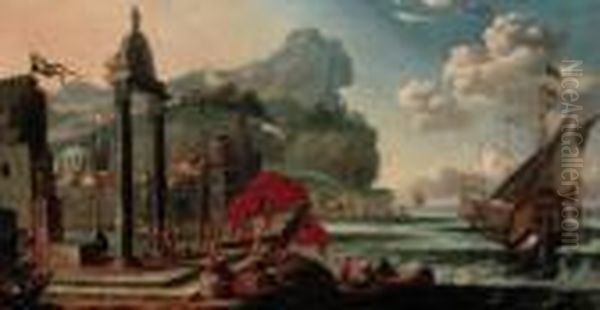 A Levantine Harbour With Moored Boats And Elegant Figures On Aquay Oil Painting by Johannes Lingelbach