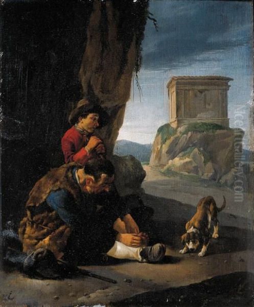 Vagabonds Resting By A Cliff On A
 Pass; And A Peasantwoman With Herchildren Resting By A Fence In 
Italianate Landscapes Oil Painting by Johannes Lingelbach