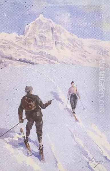 Skiers on Mt. Rose, Switzerland Oil Painting by Carlo Pellegrini