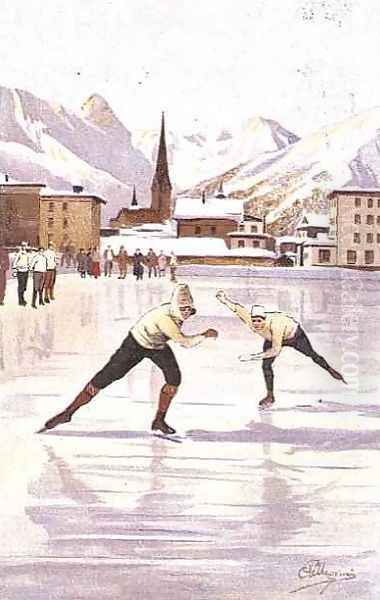 Skaters racing on the ice rink at Davos, Switzerland Oil Painting by Carlo Pellegrini