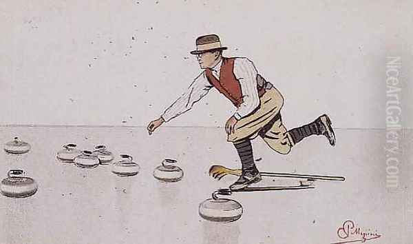 Man casting a stone in a game of curling Oil Painting by Carlo Pellegrini