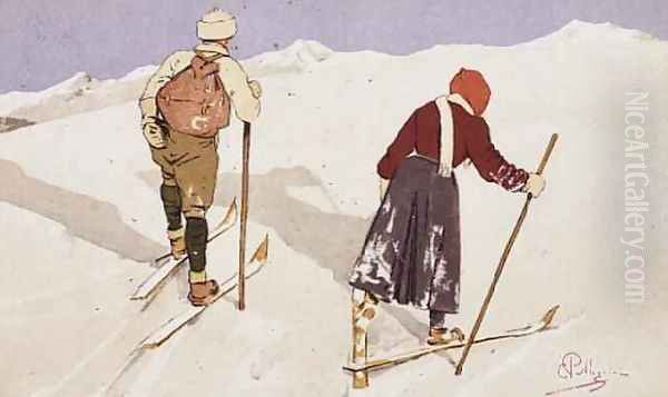 Cross-country skiers Oil Painting by Carlo Pellegrini