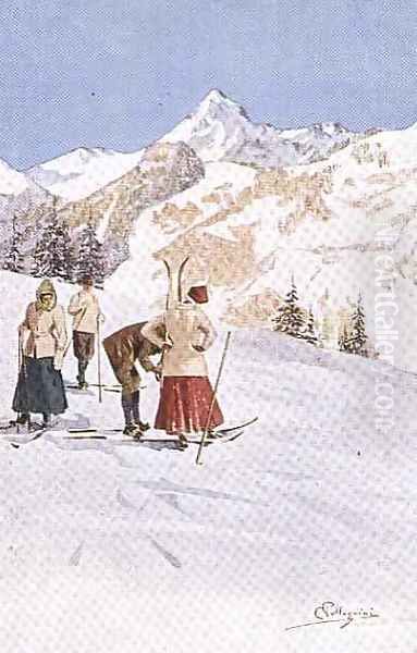 Skiers pausing on the Slopes Oil Painting by Carlo Pellegrini