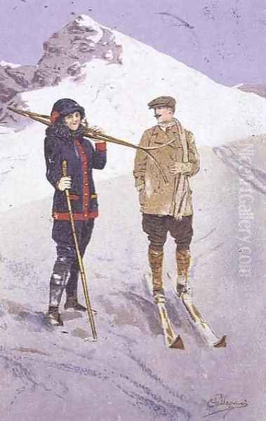 Skiers at Adelboden Oil Painting by Carlo Pellegrini