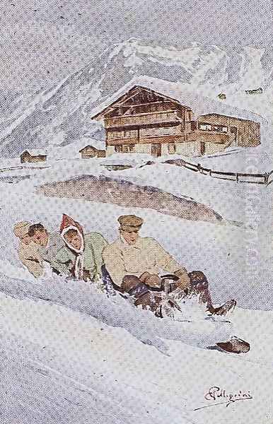 The Four-man Toboggan Oil Painting by Carlo Pellegrini