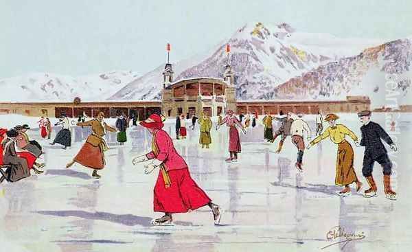 The Skating Rink in Davos, Switzerland Oil Painting by Carlo Pellegrini