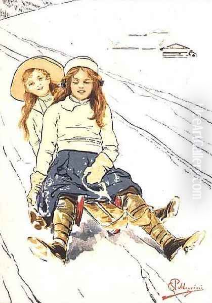 Two Girls Tobogganing Oil Painting by Carlo Pellegrini