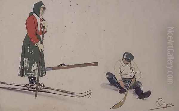 Securing his skis Oil Painting by Carlo Pellegrini