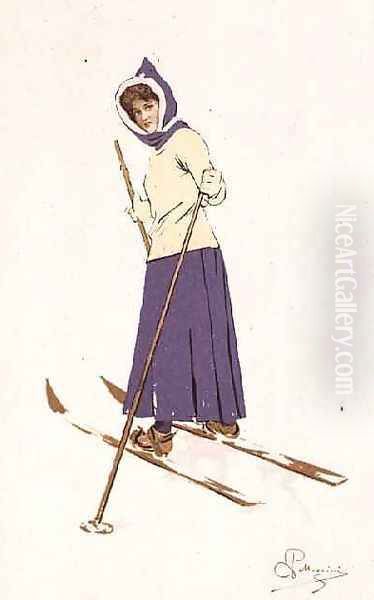 Woman turning on skis Oil Painting by Carlo Pellegrini