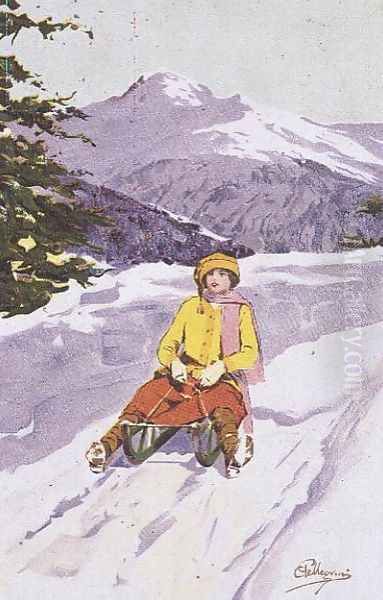 Young Woman Tobogganing Oil Painting by Carlo Pellegrini