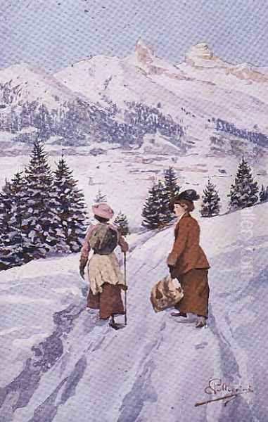 Two women walking in the snow near Tour dAi Oil Painting by Carlo Pellegrini