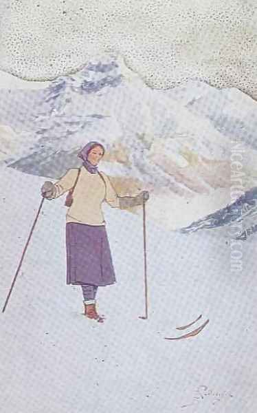 Skier on the Slopes of Engelberg, Switzerland Oil Painting by Carlo Pellegrini