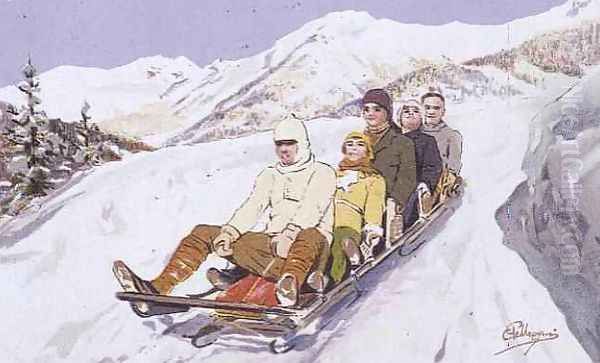 Tobogganers at Davos, Switzerland Oil Painting by Carlo Pellegrini