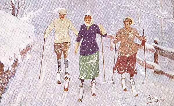 Three Skiers in a Snowstorm Oil Painting by Carlo Pellegrini