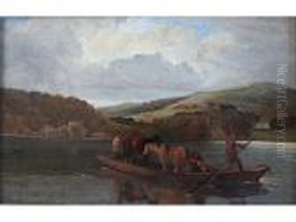 Lake Landscape: Men And Animals On A Small Ferry Oil Painting by John Linnell