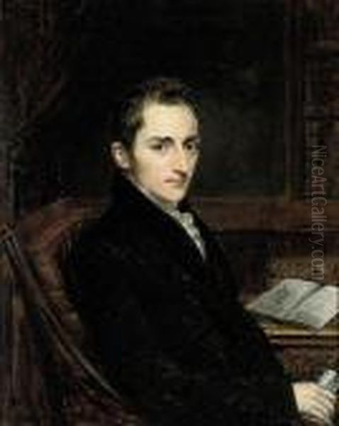 Portrait Of Dr Robert Gooch 
(1784-1830), Half-length, In A Blackcoat Holding A Book In His Hand Oil Painting by John Linnell