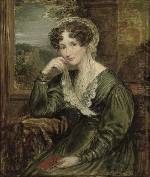 Portrait Of Madame De Wouters, 
Nee Baronne De Barbier, Three-quarter-length, Seated, In Green Dress 
With A Lace Veil, Holding A Book At A Window, A Wooded Landscape Beyond Oil Painting by John Linnell